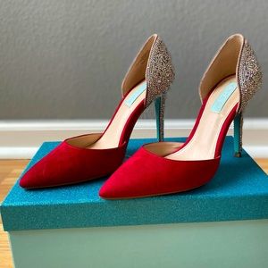 BJ Red Suede, Jeweled Heels